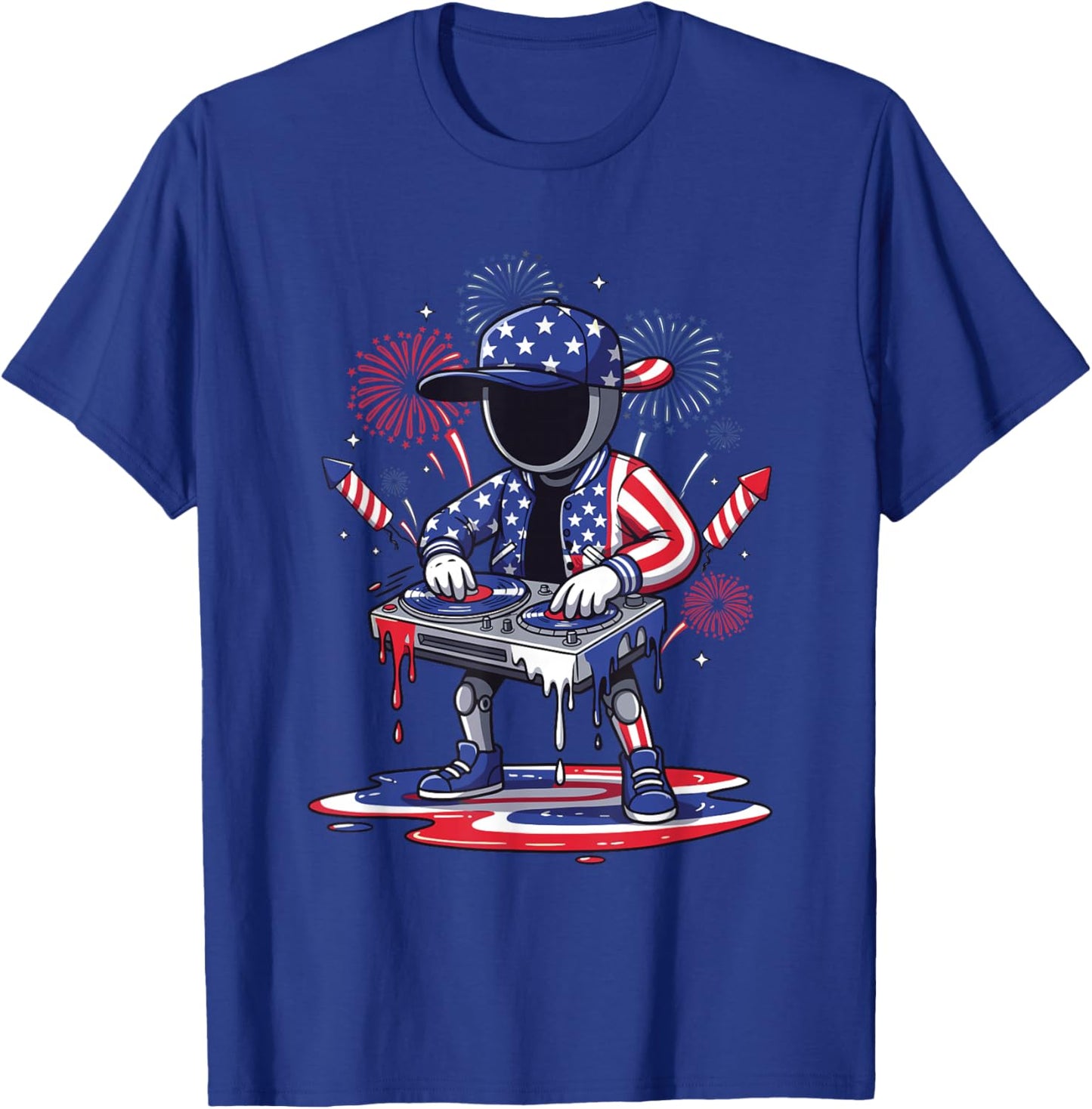 USA Flag DJ Robot Mixing Music for Independence Day Party T-Shirt - T-Shirt | Royal
