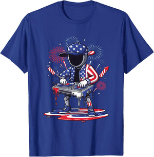 USA Flag DJ Robot Mixing Music for Independence Day Party T-Shirt - T-Shirt | Royal
