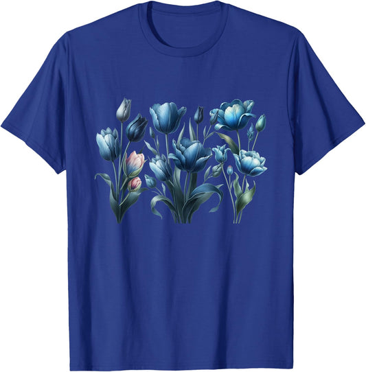 Vintage Blue Tulips Flower Blossoms Delight Florist Gardener T-Shirt - T-Shirt | Royal