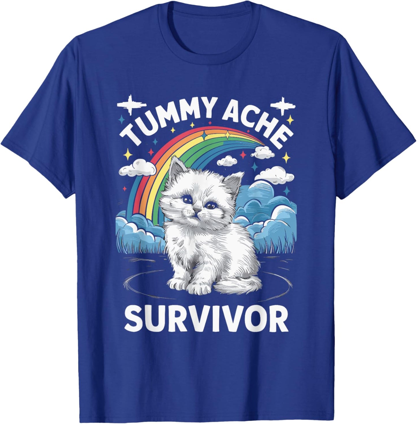 Oddly Specific Meme Stomach Ache Funny Black Tummy Ache Survivor Cat T-Shirt - T-Shirt | Royal