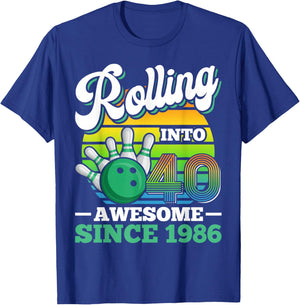 Rolling Into 40 Retro Bowling Birthday Party 40th Birthday T-Shirt - T-Shirt | Royal