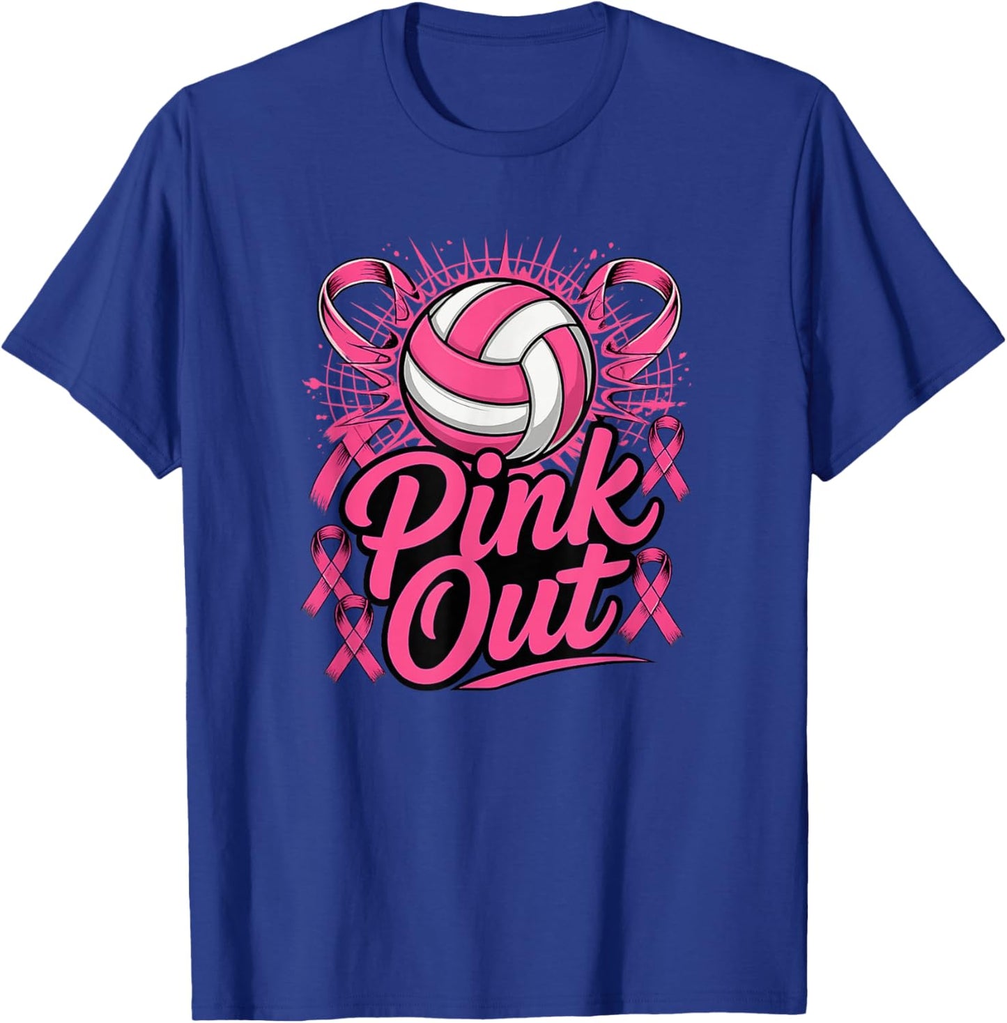 Volleyball Pink Out Breast Cancer Awareness Pink Ribbon T-Shirt - T-Shirt | Royal