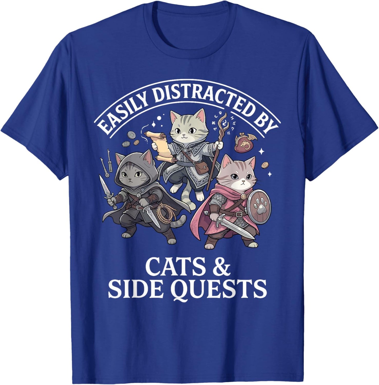Easily Distracted by Cats Side Quests RPG Gamer Funny T-Shirt - T-Shirt | Royal