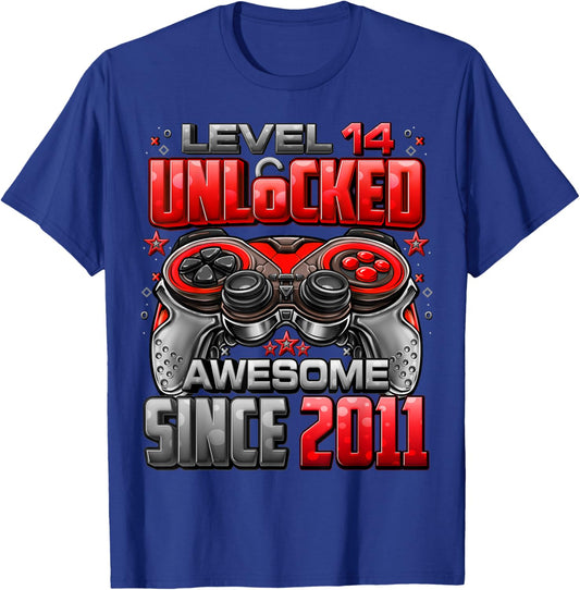 Level 14 Unlocked Awesome Since 2011 14th Birthday Gaming T-Shirt - T-Shirt | Royal