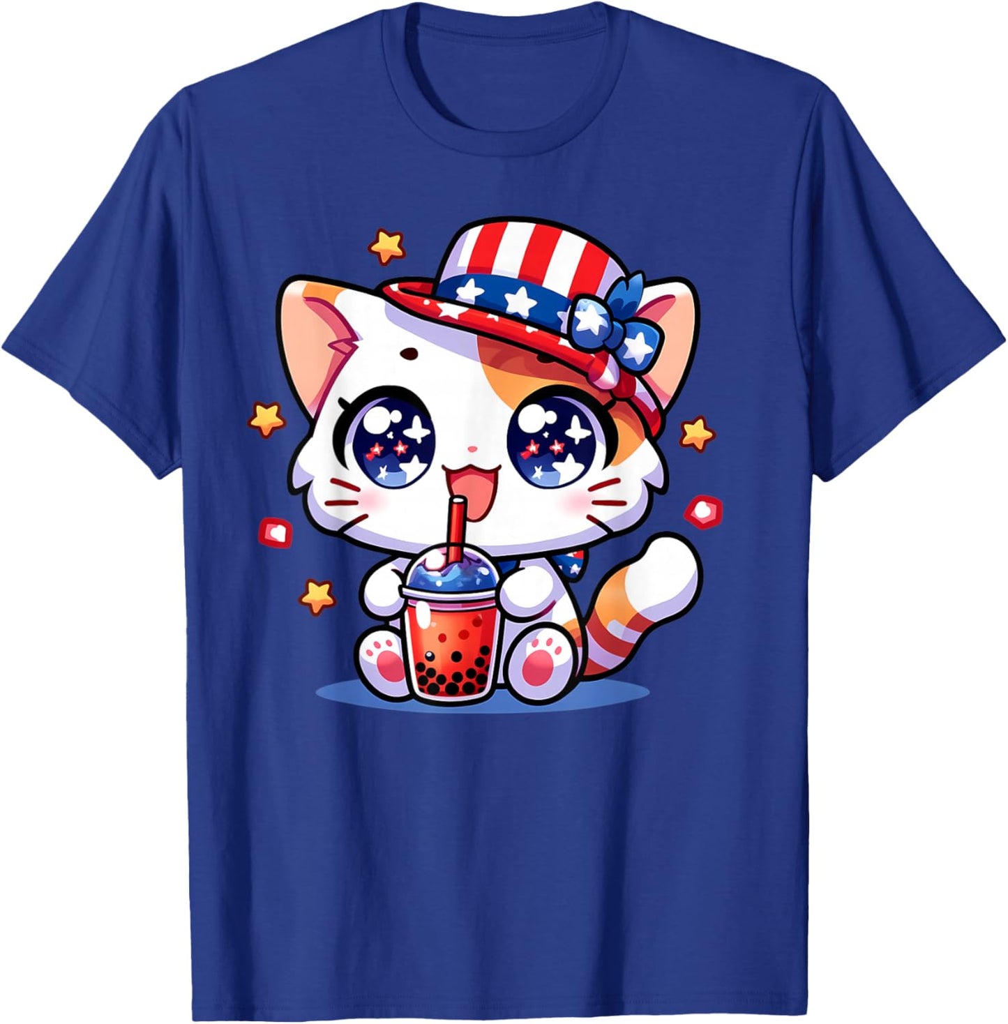 Cute 4th of July Cat Shirt Girls Kids Kawaii Anime Boba Tea T-Shirt - T-Shirt | Royal