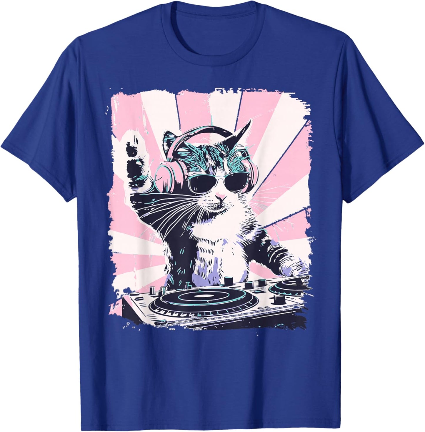 Funny DJ Cat with Headphones Retro Music Lover Art T-Shirt - T-Shirt | Royal