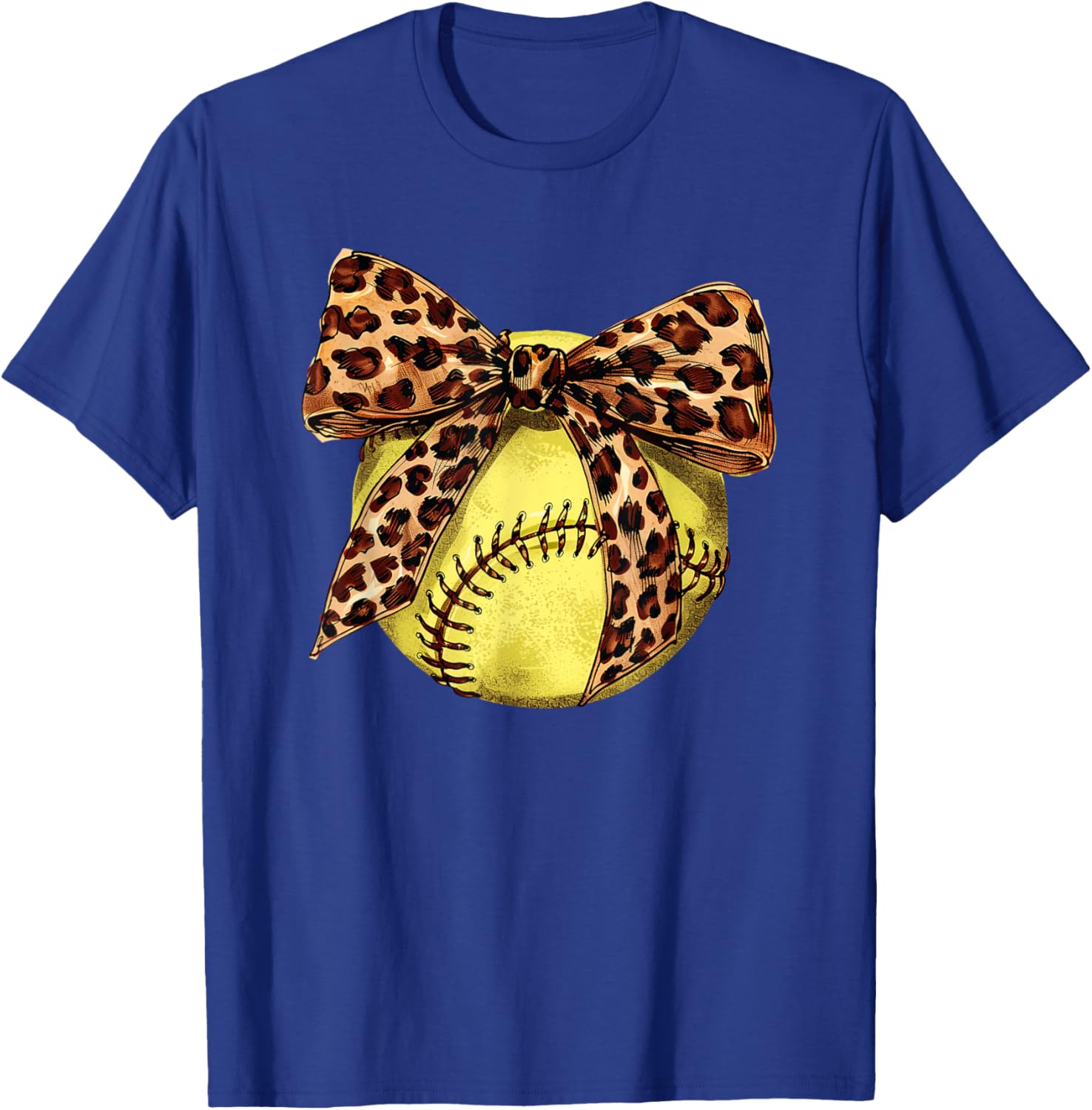 Girls Softball Leopard Animal Print Bow Ribbon Mom Daughter T-Shirt - T-Shirt | Royal