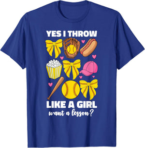 Yes I Throw Like A Girl Funny Softball Women Girls Kids Bow T-Shirt - T-Shirt | Royal
