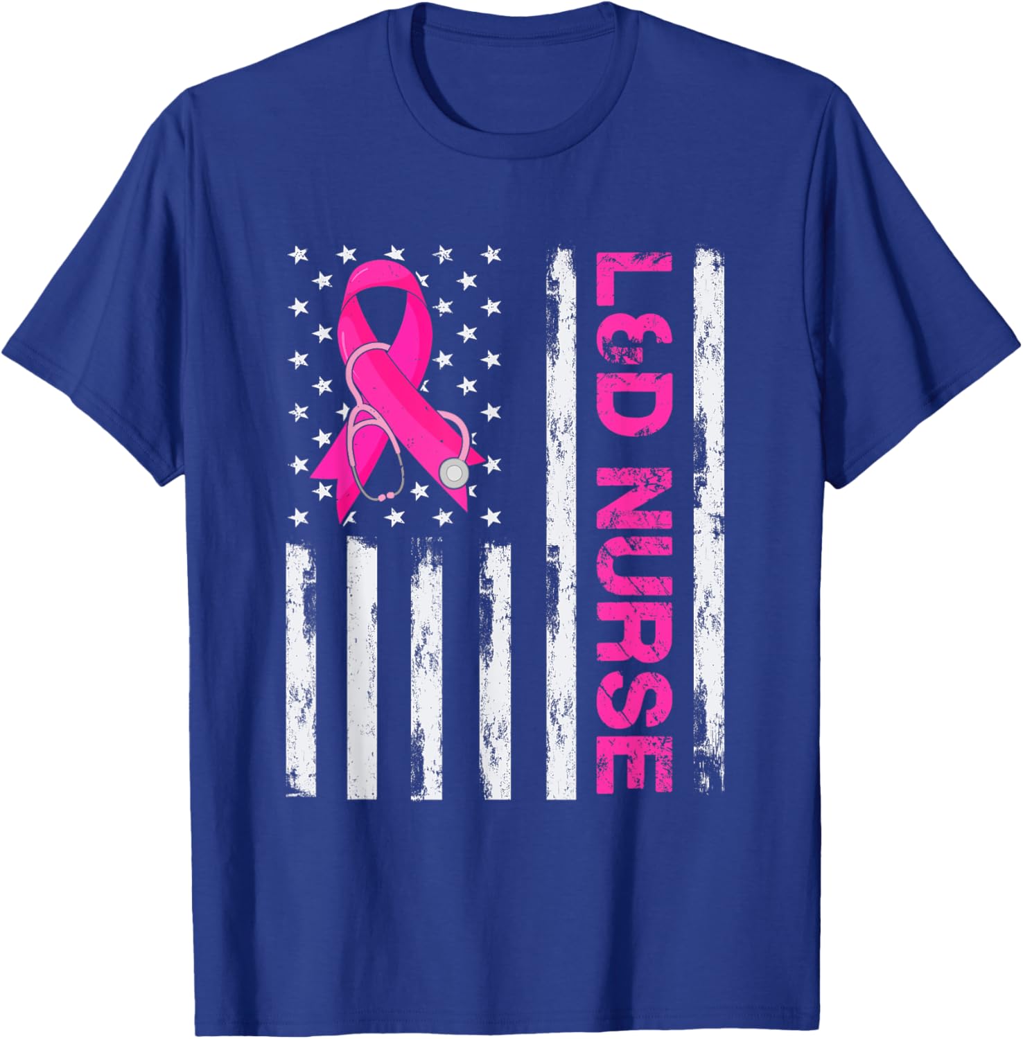 L&D Nurse American Flag Breast Cancer Awareness Pink Ribbon Women Men T-Shirt - T-Shirt | Royal