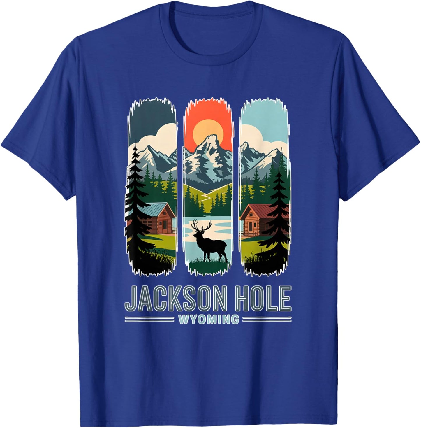 Jackson Hole Wyoming Elk Mountain Cabin Retro Travel Art T-Shirt - T-Shirt | Royal