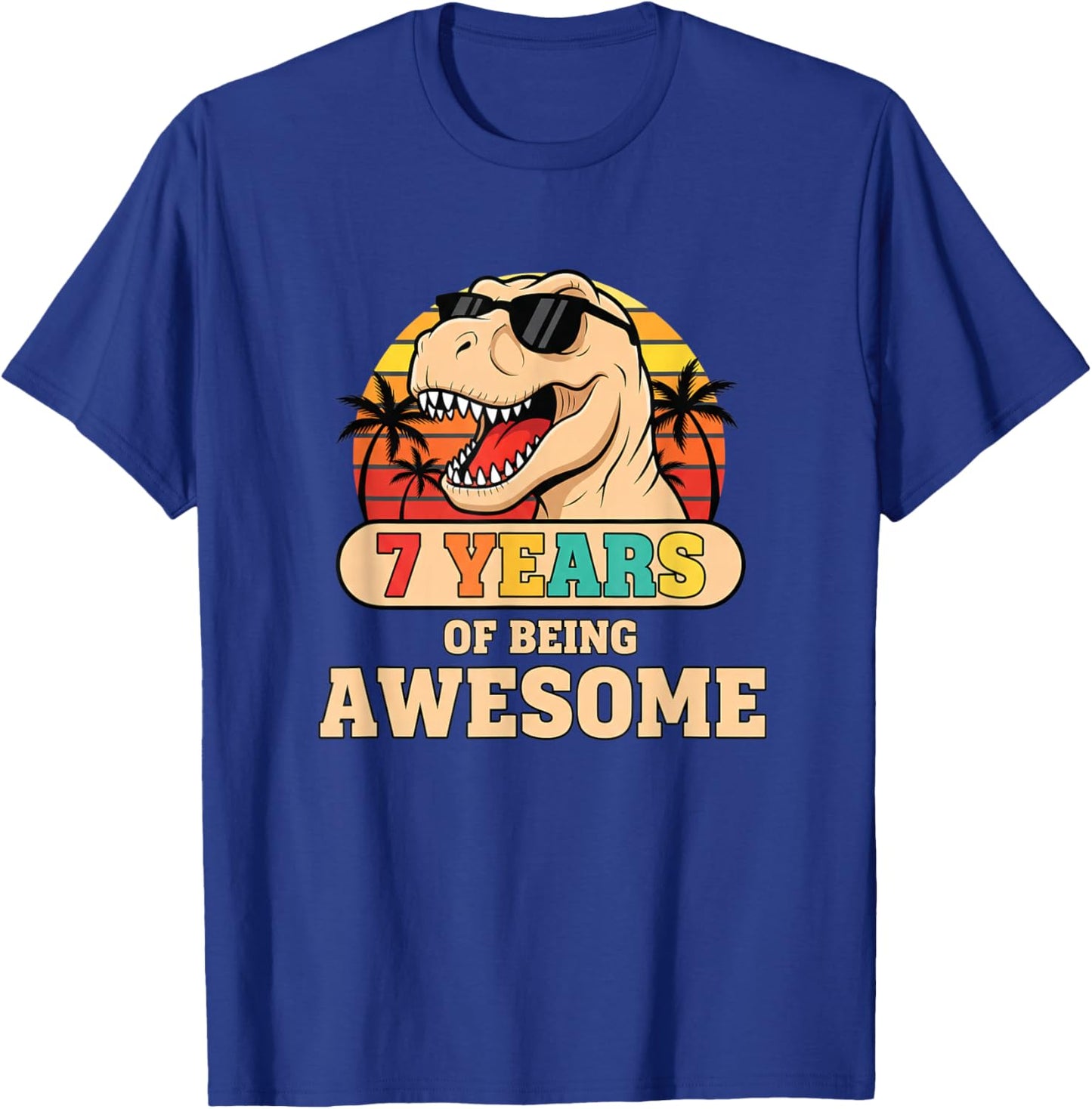 Baseball 7 Years of Being Awesome 7th Birthday Retro Dino T-Shirt - T-Shirt | Royal