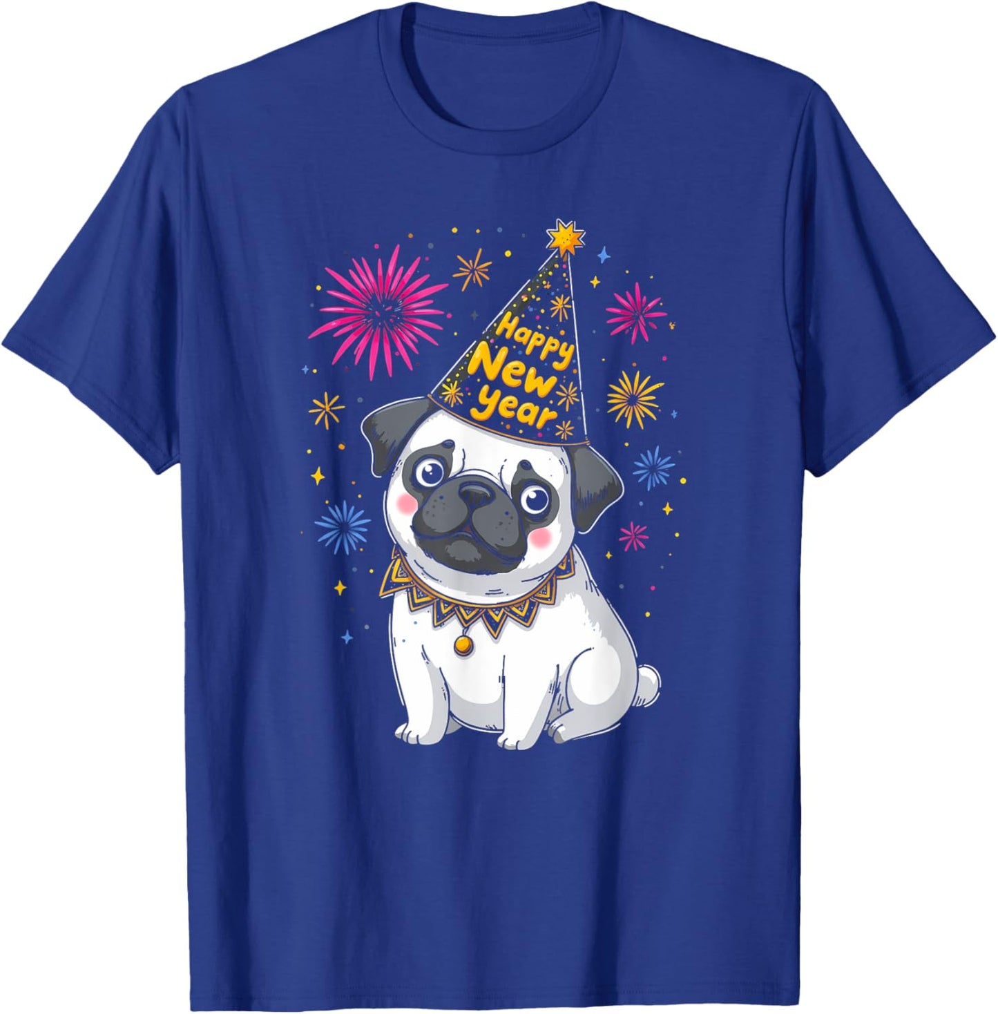 Happy New Year 2025 Eve Firework Dog Funny Pug Dog T-Shirt - T-Shirt | Royal