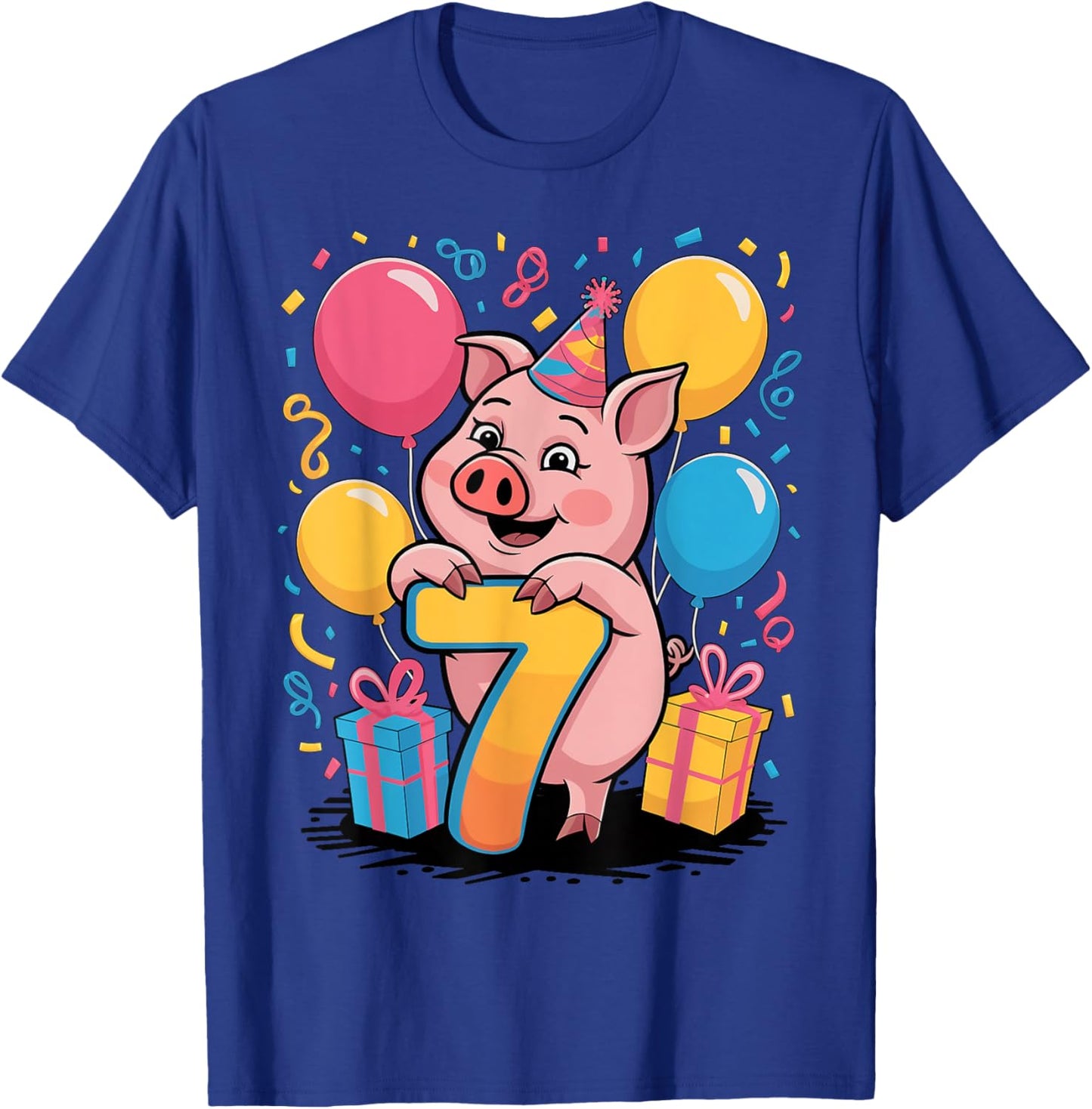 Pig 7th birthday for boy girl 7 years old seventh seven Pig T-Shirt - T-Shirt | Royal