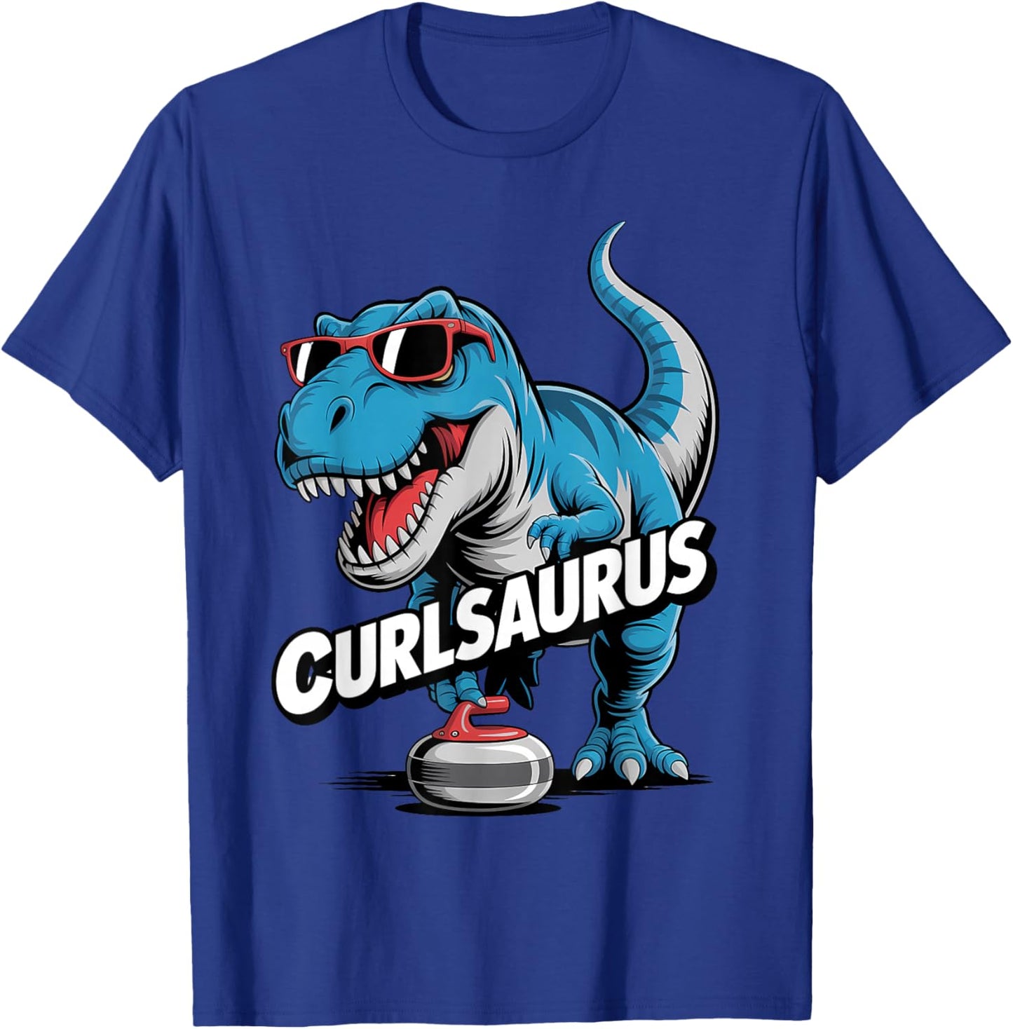 Ice Curling Player T-Rex Dino Funny Curling Dinosaur T-Shirt - T-Shirt | Royal
