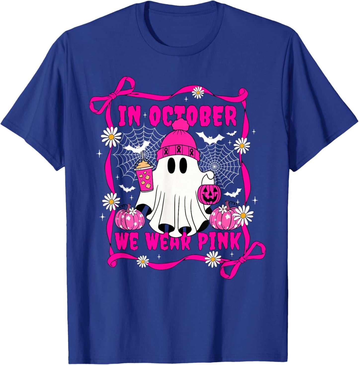 We Wear Pink in October Cute Ghost Breast Cancer Awareness T-Shirt - T-Shirt | Royal