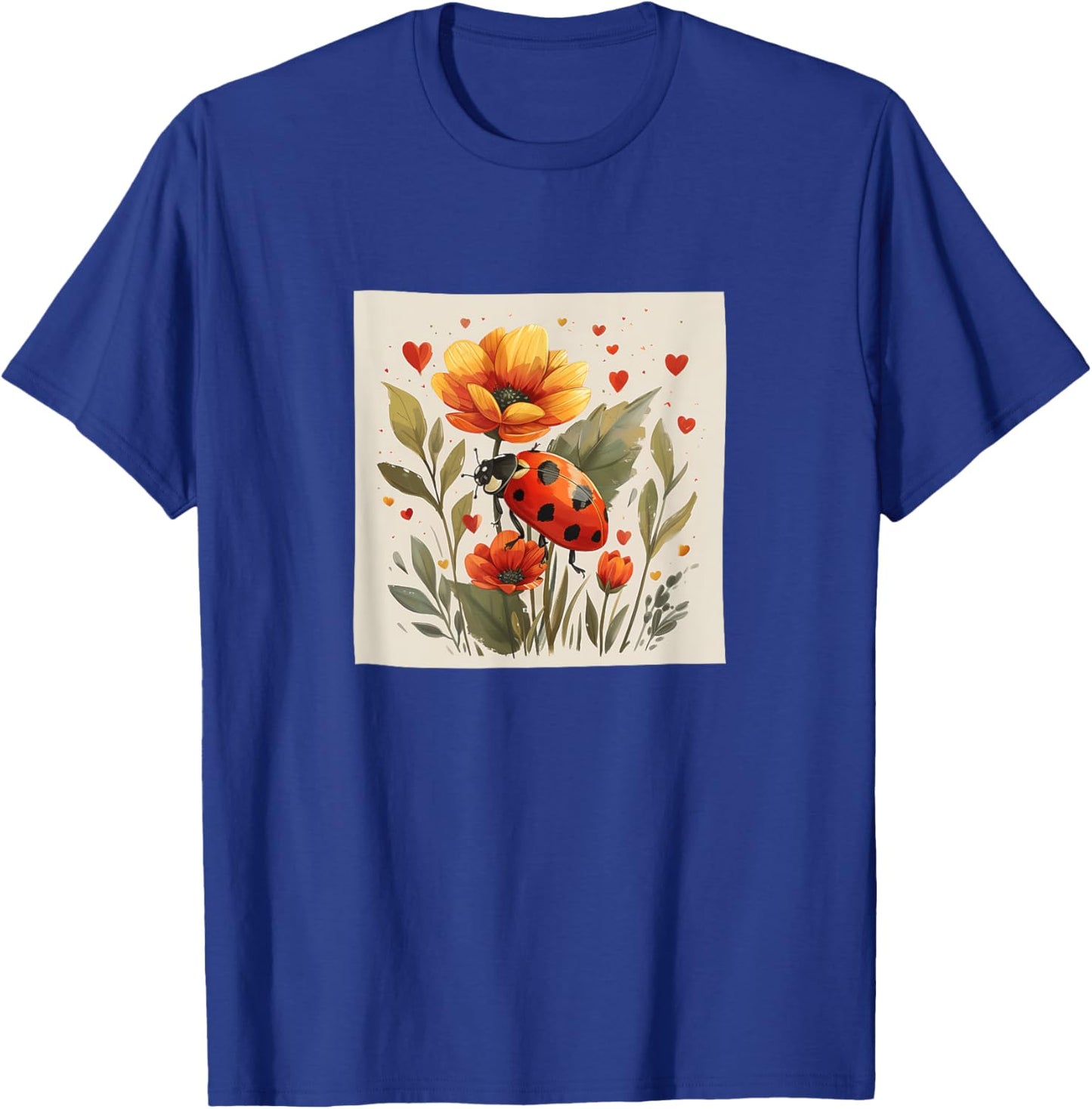 Ladybug Flowers With Hearts Around Boho Style Graphic T-Shirt - T-Shirt | Royal