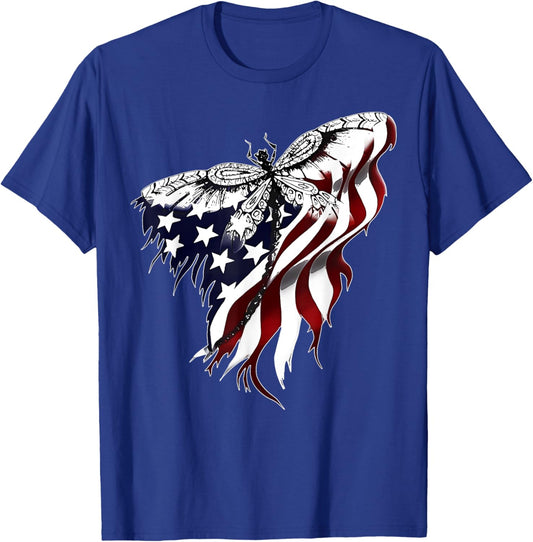 American Flag Dragonfly Patriotic 4th of July Red White Blue T-Shirt - T-Shirt | Royal