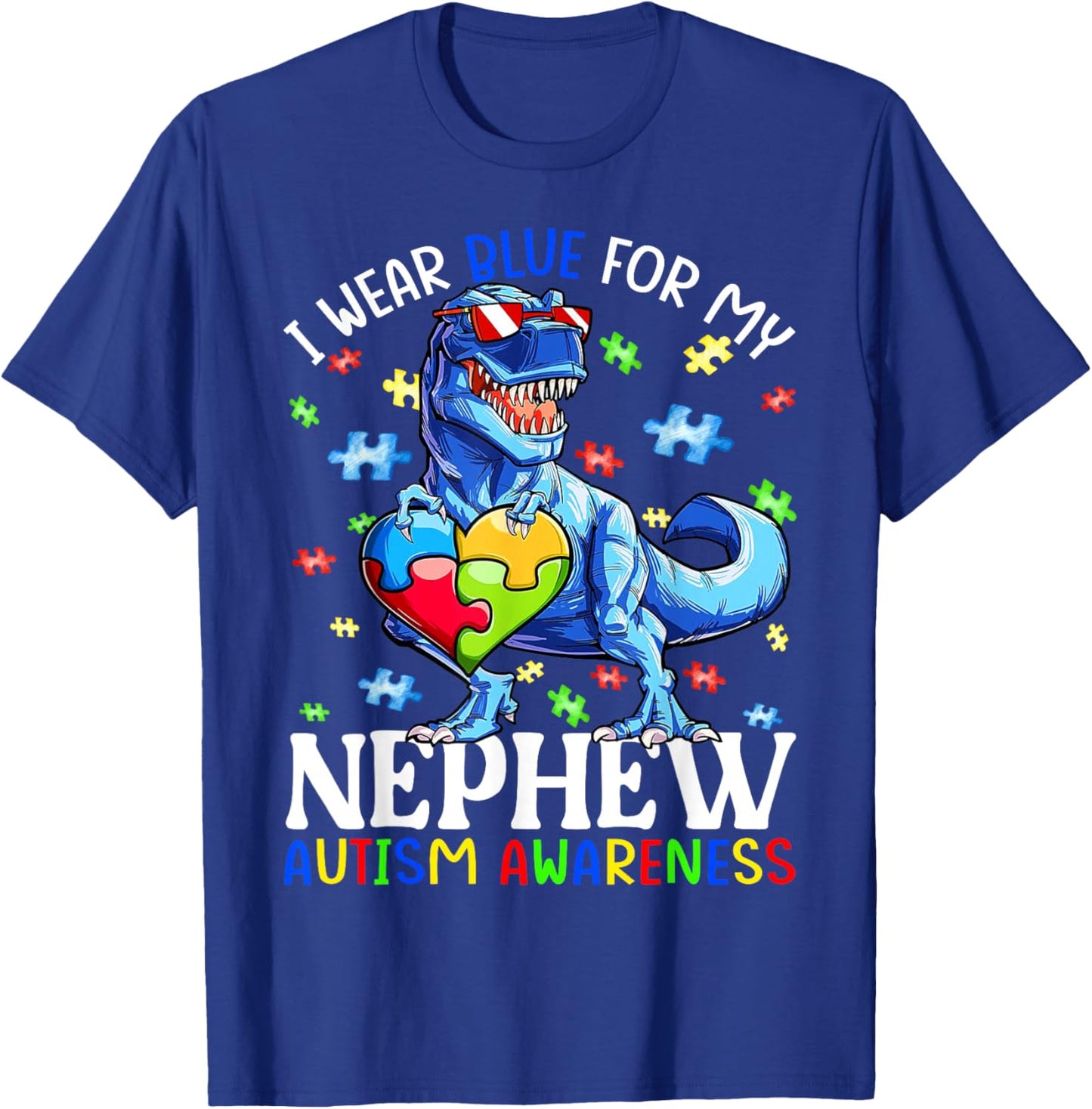 I Wear Blue For My Nephew Autism Awareness Dinosaur Boys T-Shirt - T-Shirt | Royal