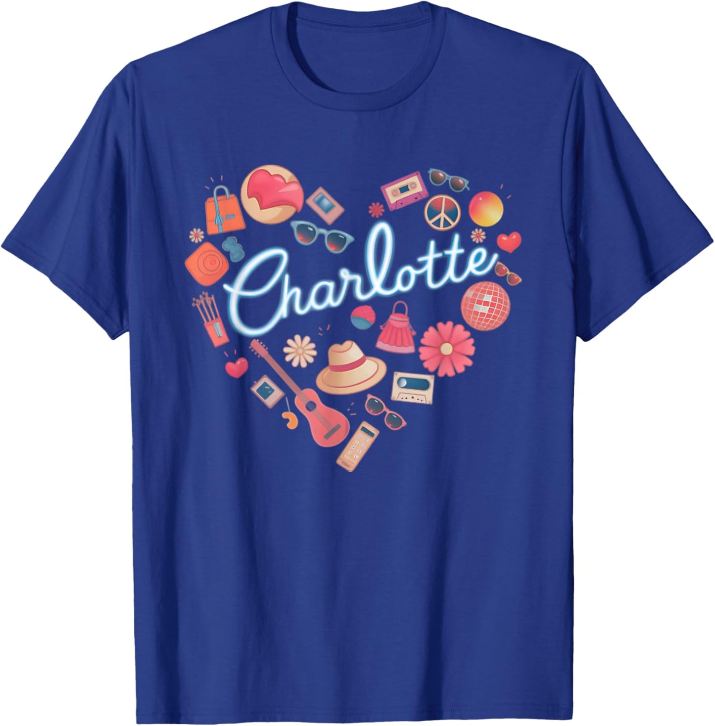 Girl Retro Charlotte First Name Personalized Heart T-Shirt - T-Shirt | Royal