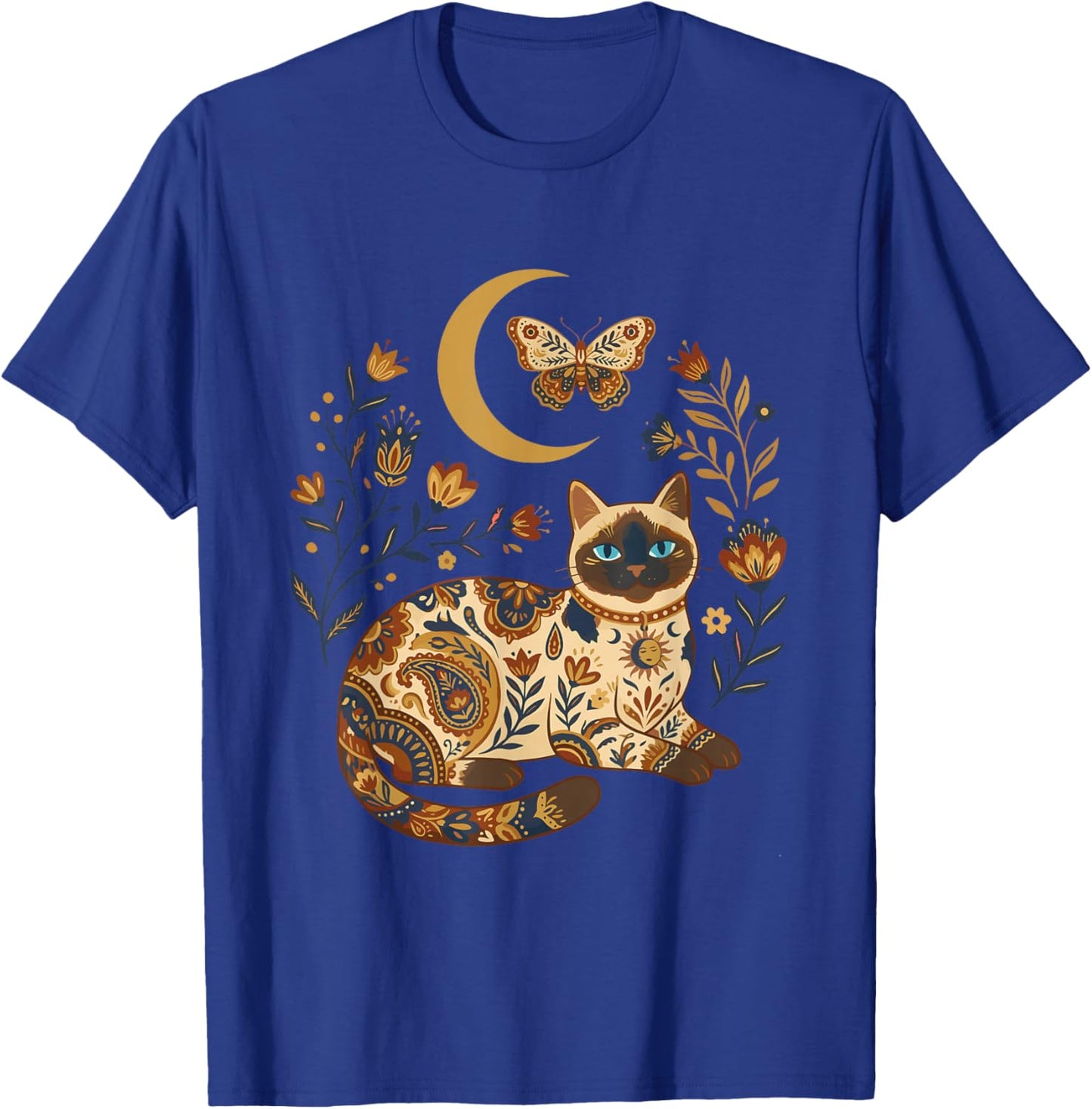 Boho Celestial Siamese Cat Moon Floral T-Shirt - T-Shirt | Royal