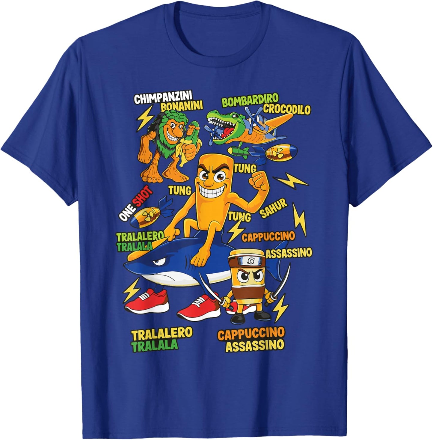 Funny Italian Brainrot Meme Characters Cartoon Art for Kids T-Shirt - T-Shirt | Royal