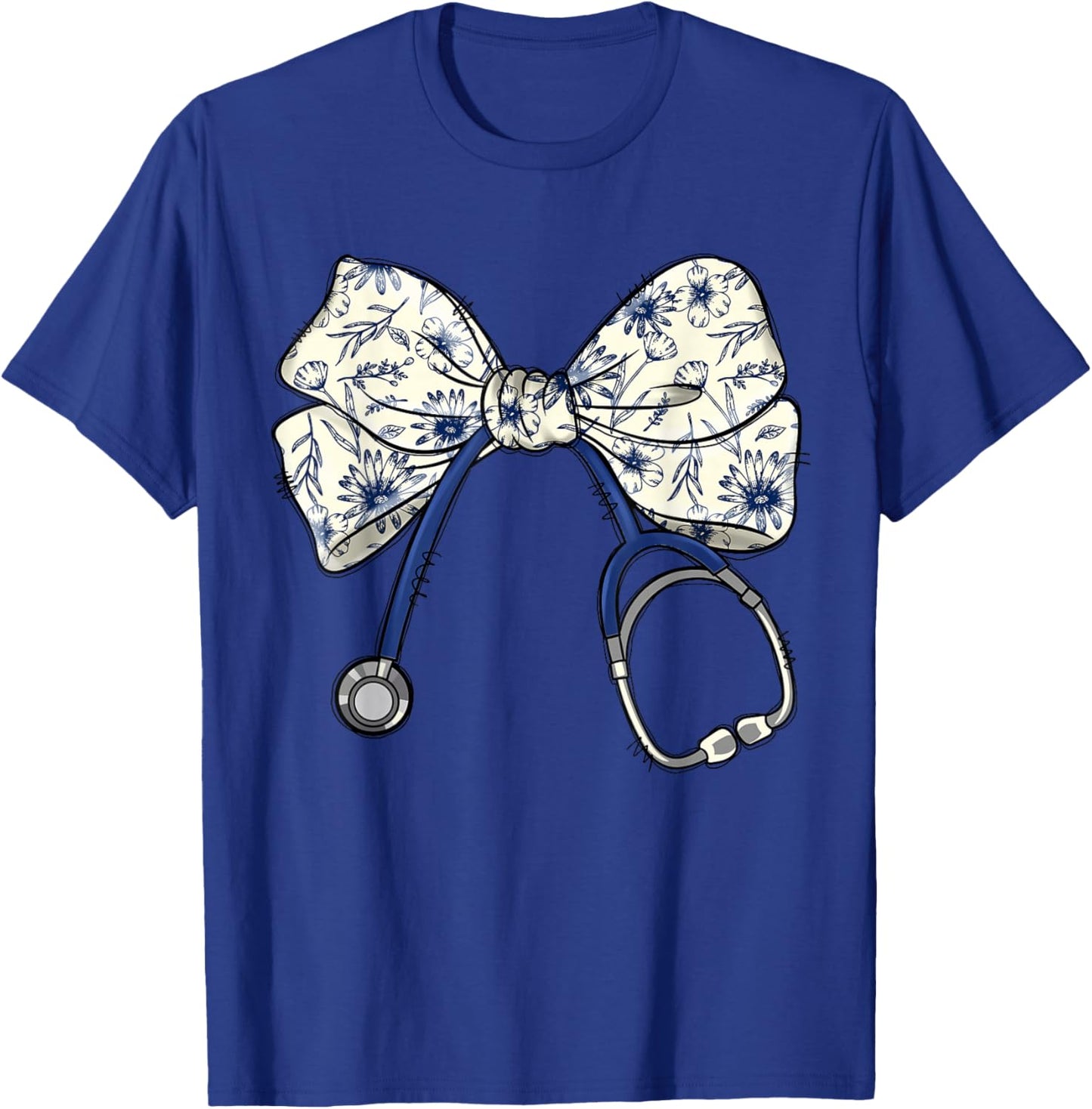 Floral Blue Coquette Bow Nurse Stethoscope Nursing Doctor T-Shirt - T-Shirt | Royal