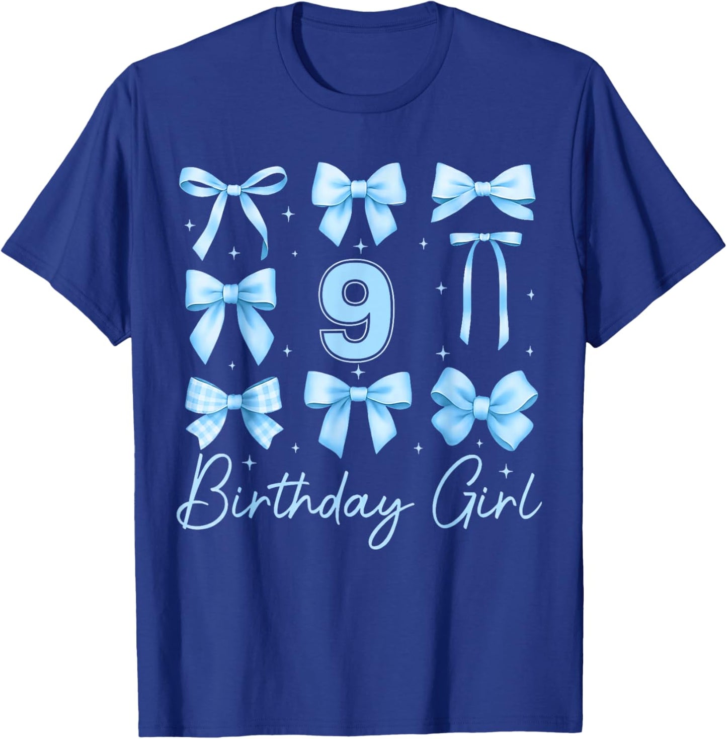 Cute 9th Birthday Girl Blue Coquette Bow 9 Year Old T-Shirt - T-Shirt | Royal