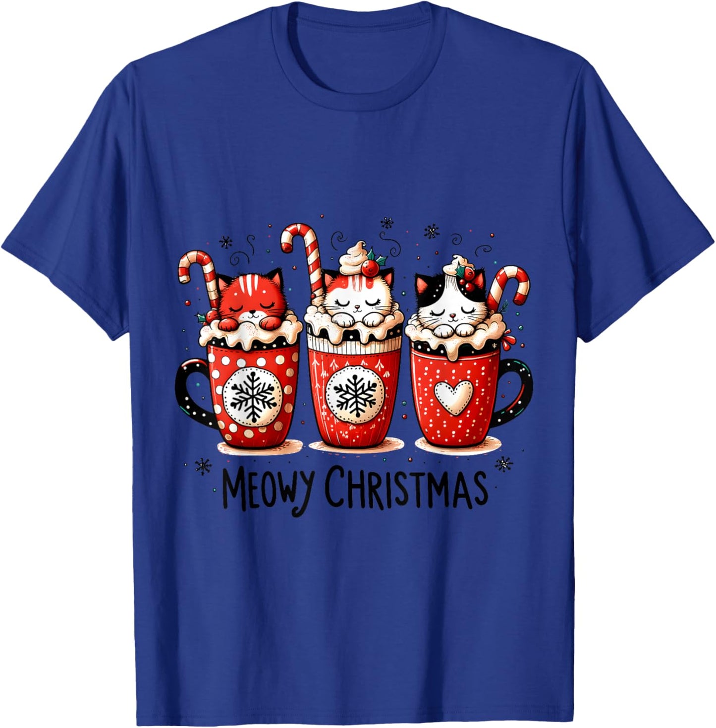 Meowy Christmas Cute Cats and Coffee Merry Xmas Graphic T-Shirt - T-Shirt | Royal