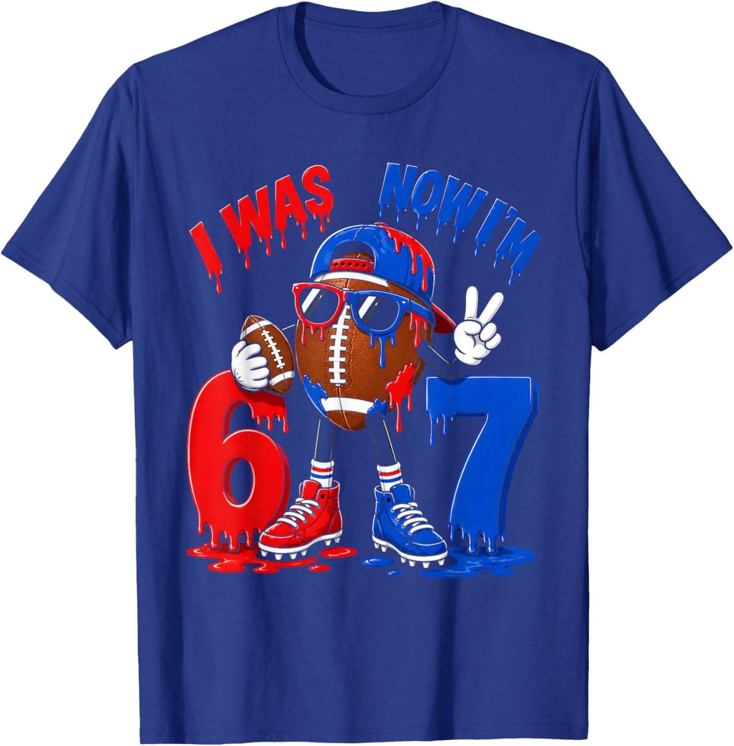 7th Birthday Boy Football Ice Cream Drip 7 Year Old Party T-Shirt - T-Shirt | Royal