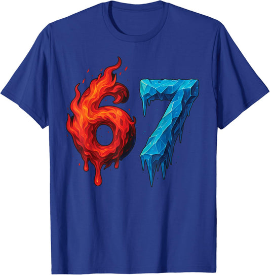 67 Six Seven 6-7 Flaming Ice Funny Teen Kids Brain Red Meme T-Shirt - T-Shirt | Royal