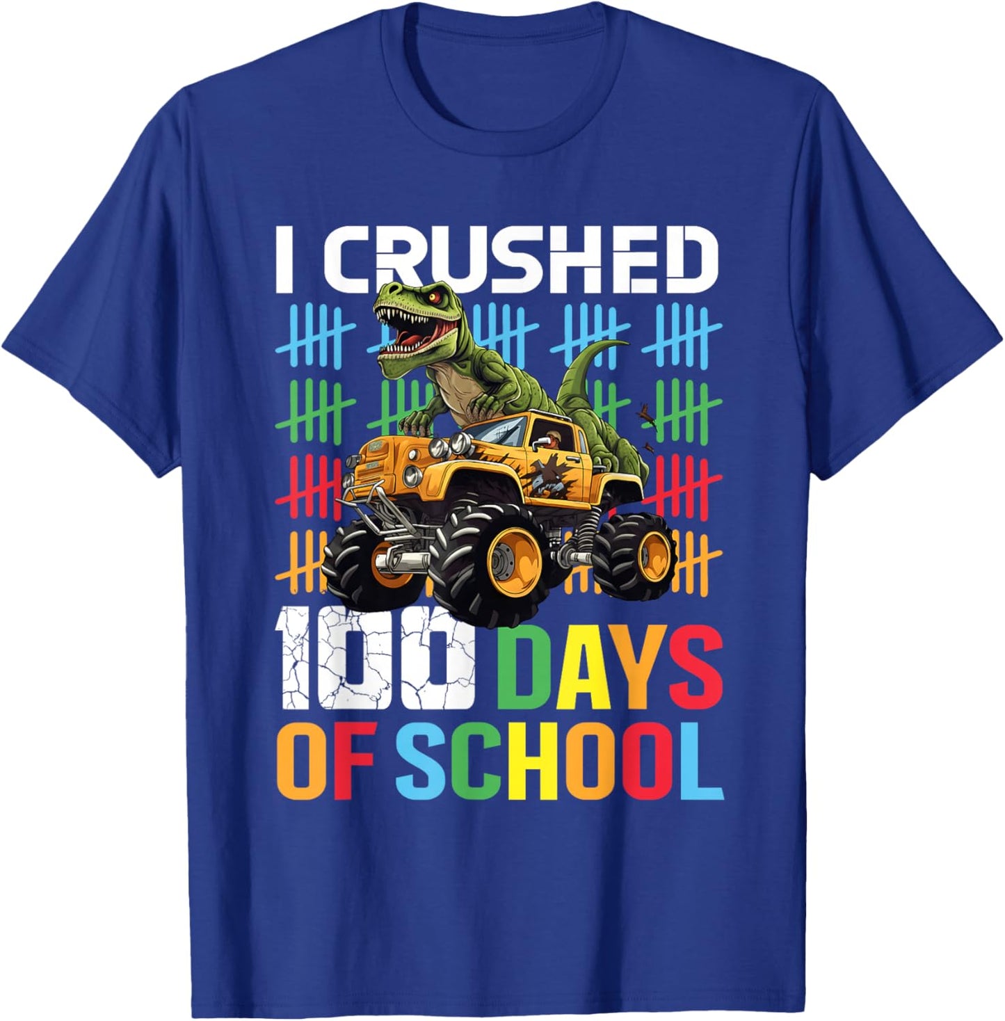 100 Days of School Monster Truck Dinosaur Funny Kids Boys T-Shirt - T-Shirt | Royal