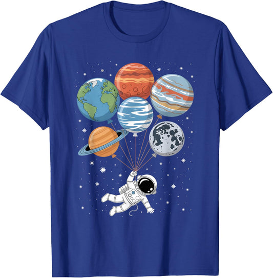 Funny Astronaut Holding Planet Balloons Astronomy Space T-Shirt - T-Shirt | Royal