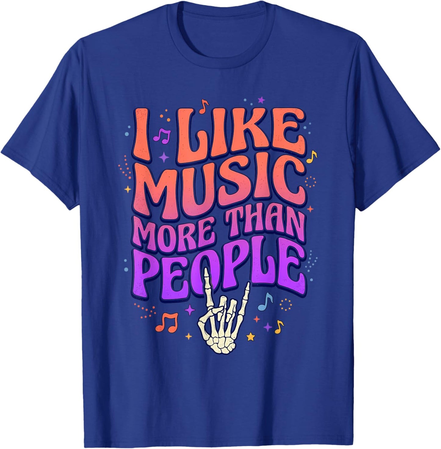 I Like Music More Than People Retro Skeleton Hand Rock On T-Shirt - T-Shirt | Royal