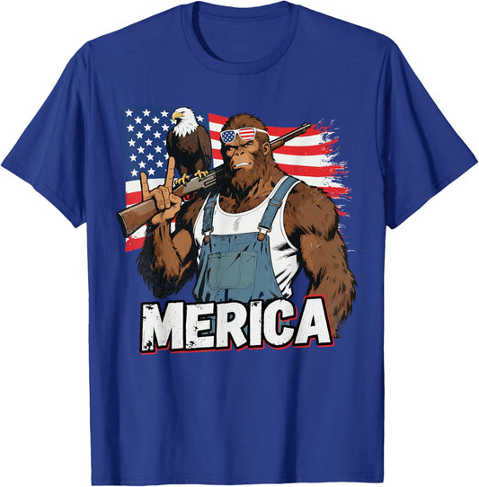 Bigfoot Merica Rock USA Flag Patriotic Sasquatch 4th of July T-Shirt - T-Shirt | Royal