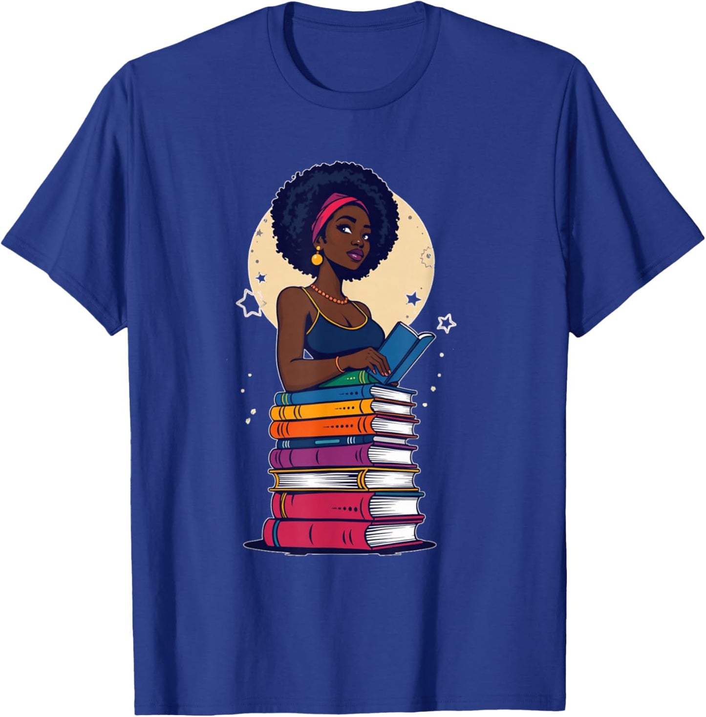 Black Woman And Books Stack - Afro Girl Reading Lover T-Shirt - T-Shirt | Royal