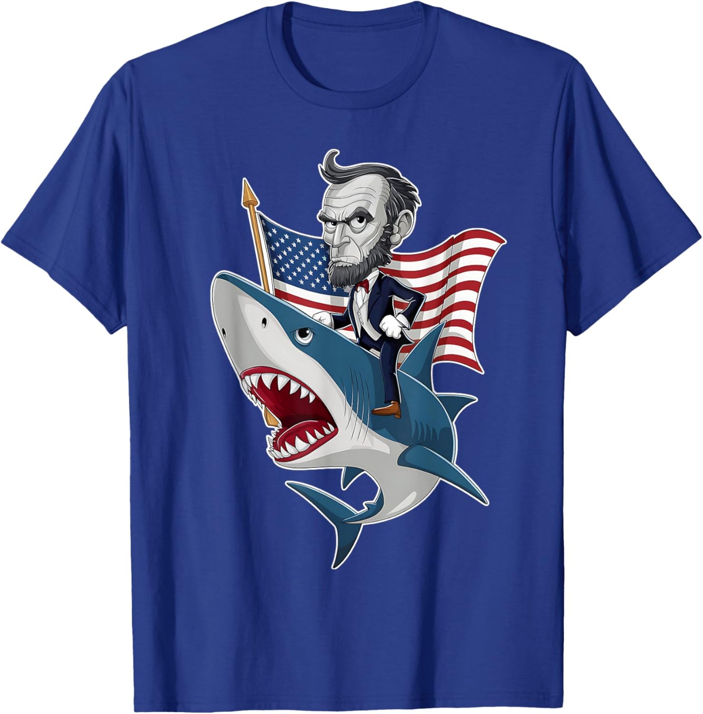 Abraham Lincoln Riding A Shark 4th Of July Patriotic Graphic T-Shirt - T-Shirt | Royal