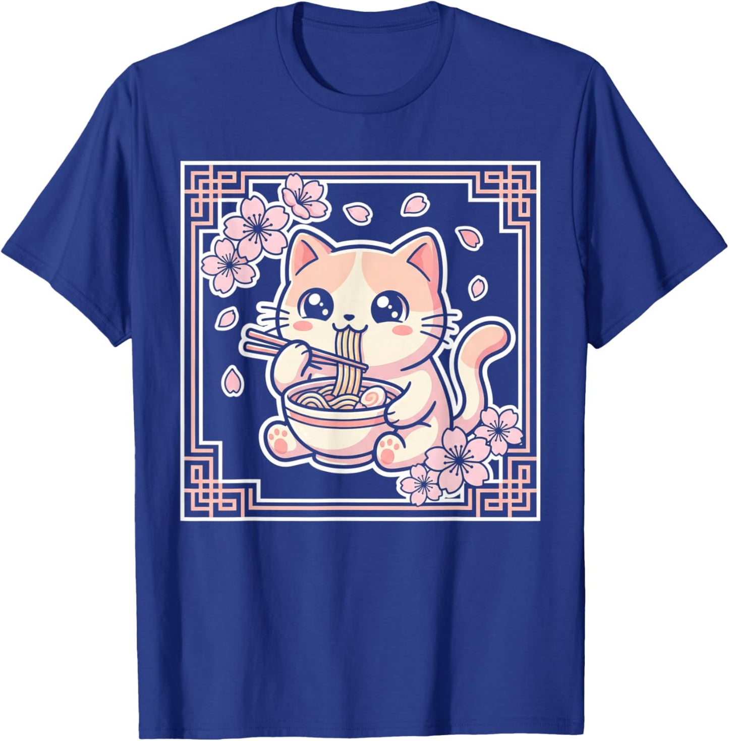 Kawaii Cat Ramen Anime Japanese Cherry Blossom Women Girls T-Shirt - T-Shirt | Royal
