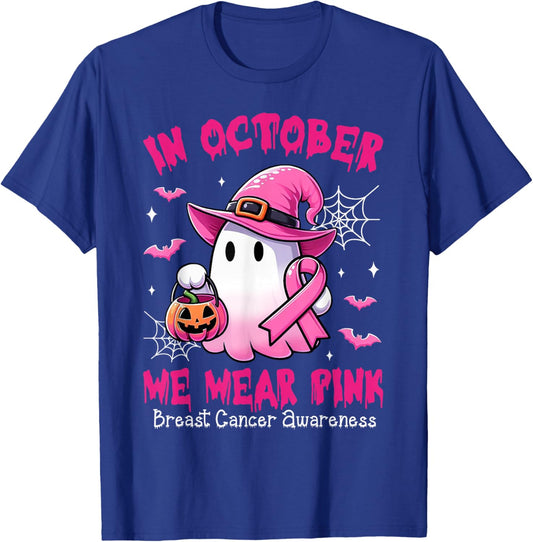 In October We Wear Pink Ghost Witch Breast Cancer Awareness T-Shirt - T-Shirt | Royal