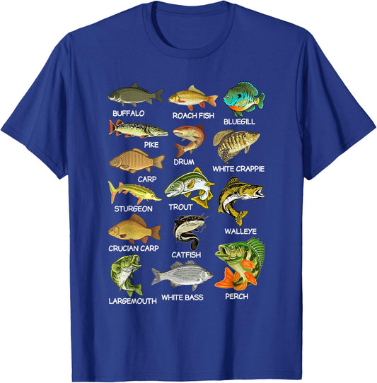 Types Of Freshwater Fish Species Fishing Fisherman Anglers T-Shirt - T-Shirt | Royal
