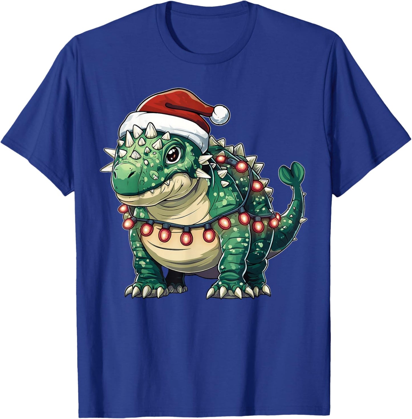 Ankylosaurus Dinosaur Christmas - -Adults/Kids - Red - Short Sleeve - U-Neck - Small - Christmas Dinosaur T-Shirt - T-Shirt | Royal