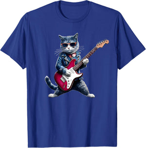 Rock Cat Playing Guitar - Funny Guitar Cat T-Shirt - T-Shirt | Royal