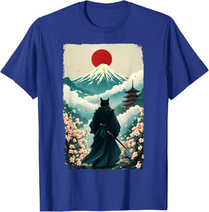 Samurai Cat Warrior Fuji Mount Vintage Japanese Art Graphic T-Shirt - T-Shirt | Royal