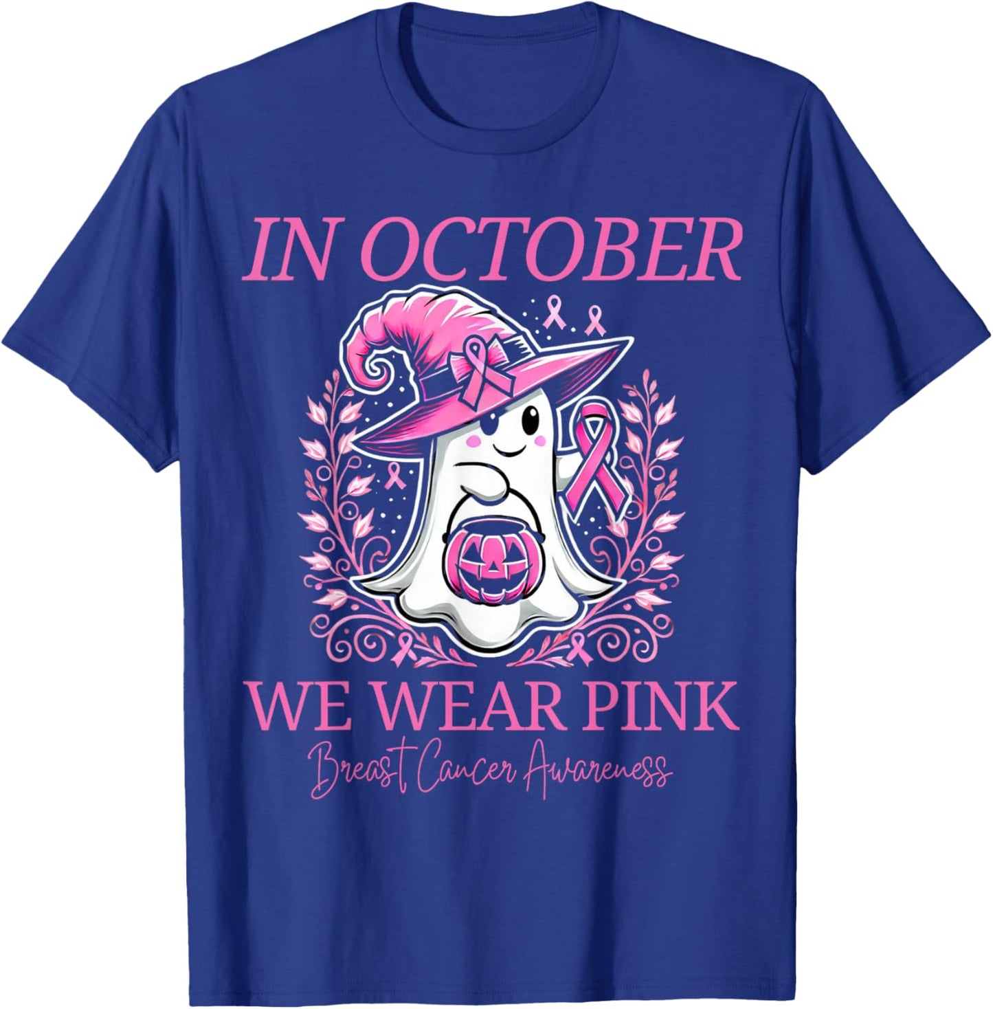 Pink Ghost October Breast Cancer Awareness Halloween T-Shirt - T-Shirt | Royal