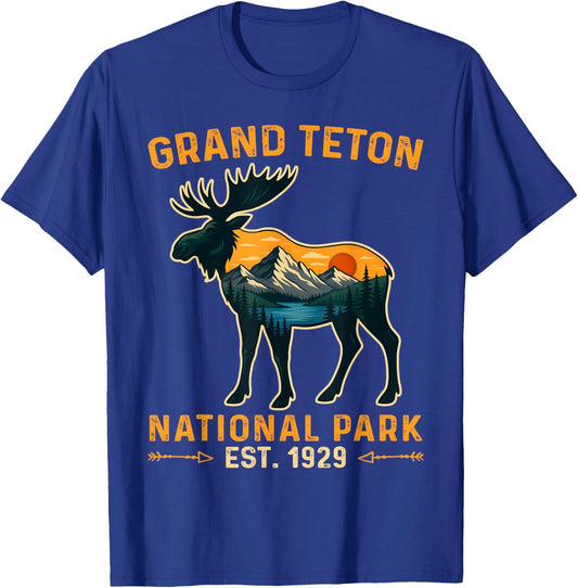 Vintage Grand Teton National Park Moose Hiking Vacation T-Shirt - T-Shirt | Royal