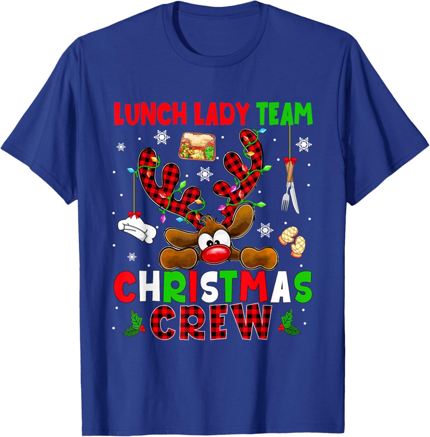 Lunch Lady Team Christmas Crew Proud Job Colorful Reindeer T-Shirt - T-Shirt | Royal