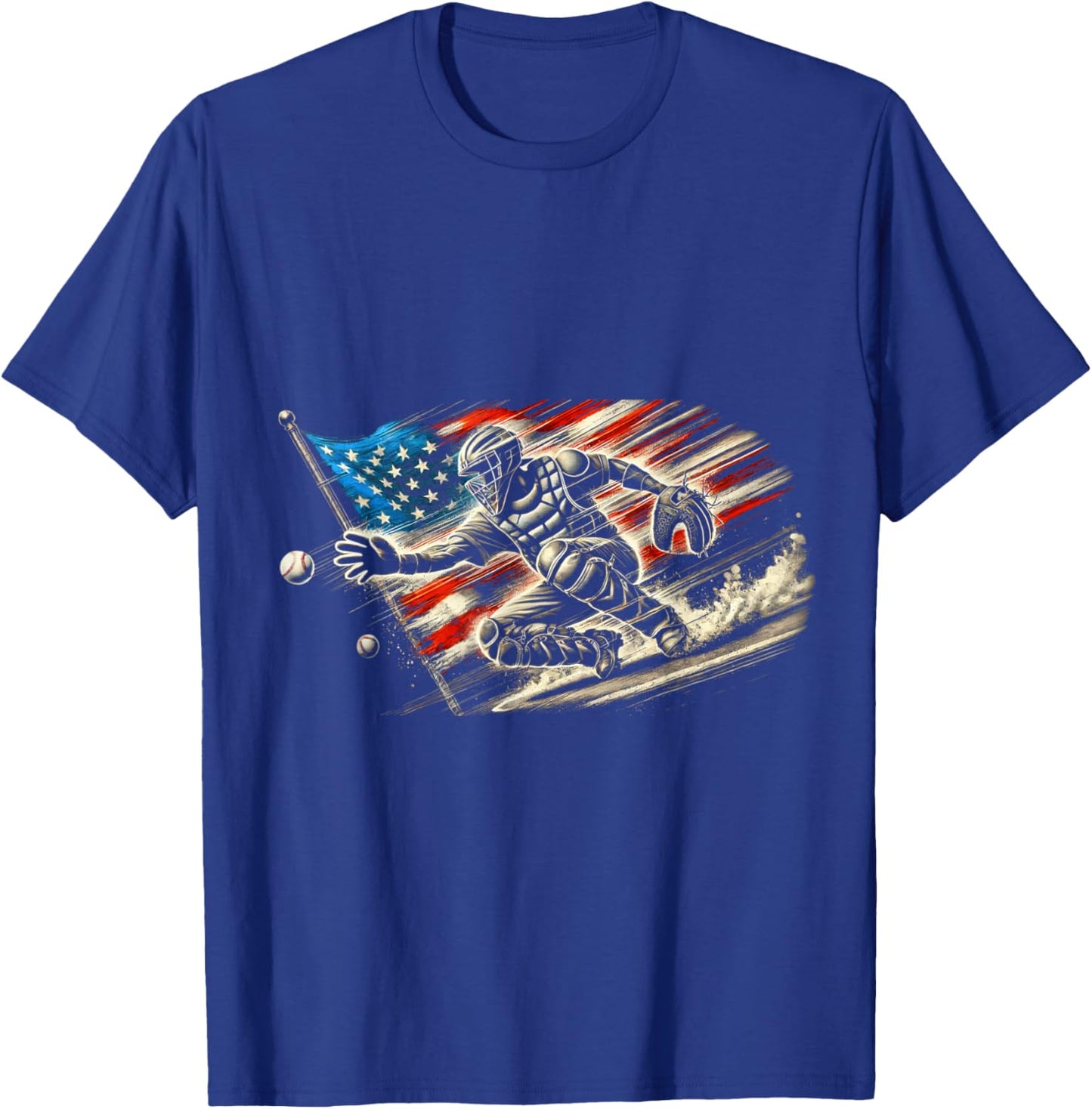 American Flag Baseball Player Bat Fan Catcher Pitcher USA T-Shirt - T-Shirt | Royal