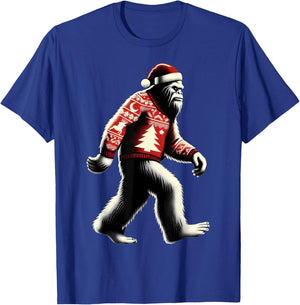 Walking Sasquatch With Santa Hat Christmas Big-foot Funny T-Shirt - T-Shirt | Royal
