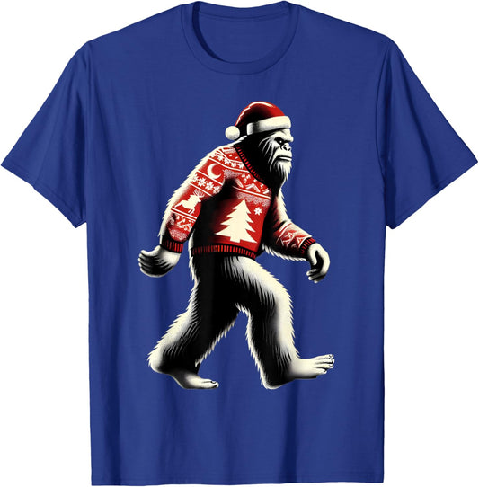Walking Sasquatch With Santa Hat Christmas Big-foot Funny T-Shirt - T-Shirt | Royal
