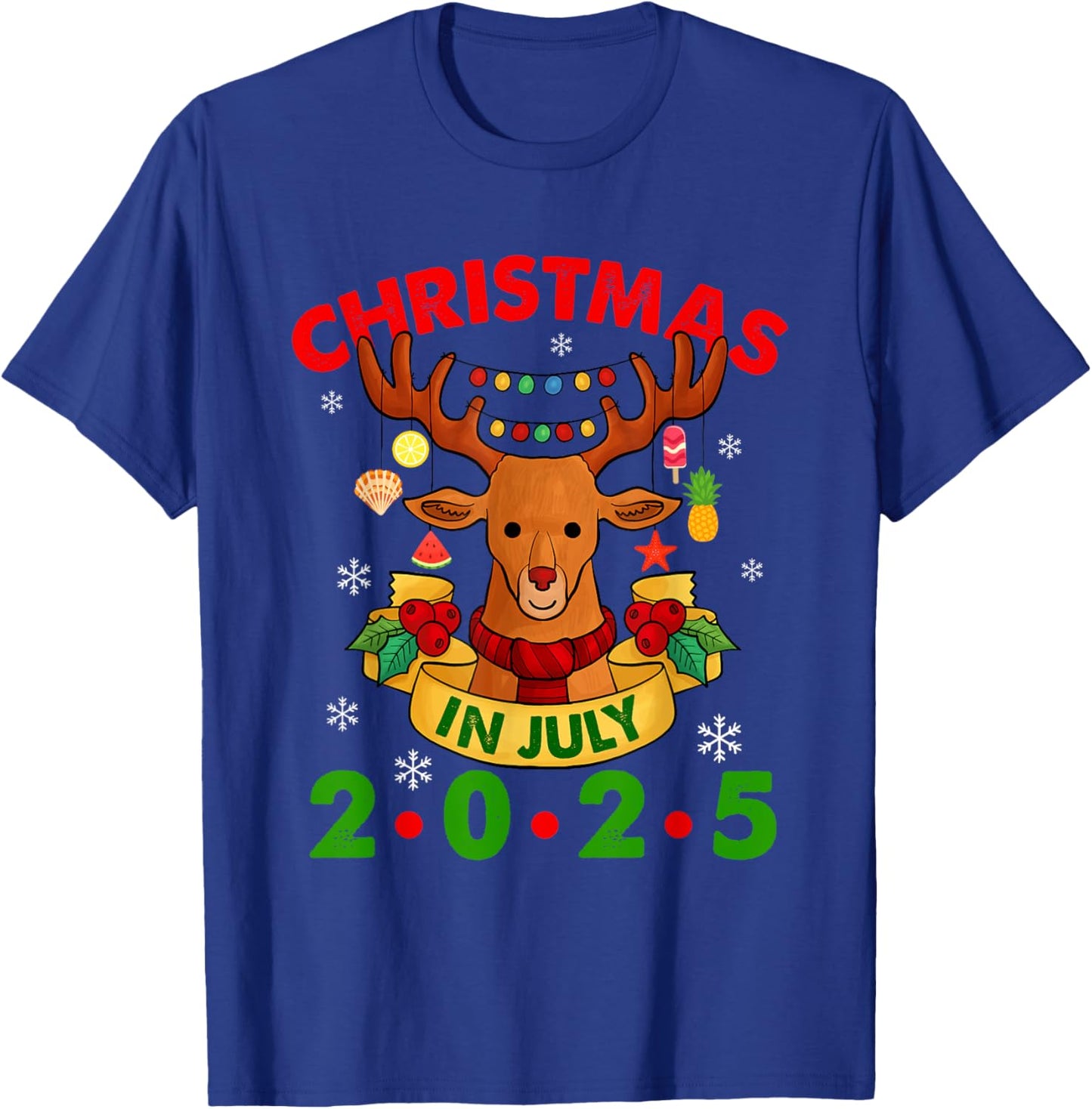 Christmas In July 2025 Reindeer Xmas Lights Summer Men Women Girls Kids T-Shirt - T-Shirt | Royal