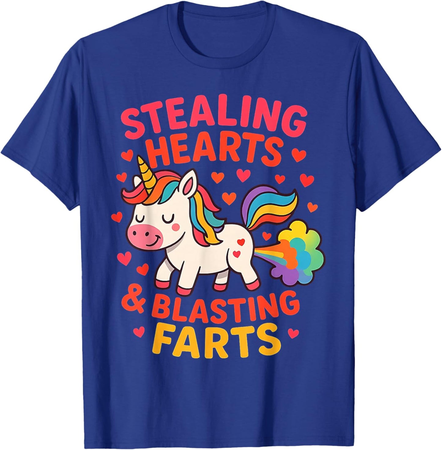 Funny Cute Unicorn Stealing Hearts Blasting Farts Design T-Shirt - T-Shirt | Royal
